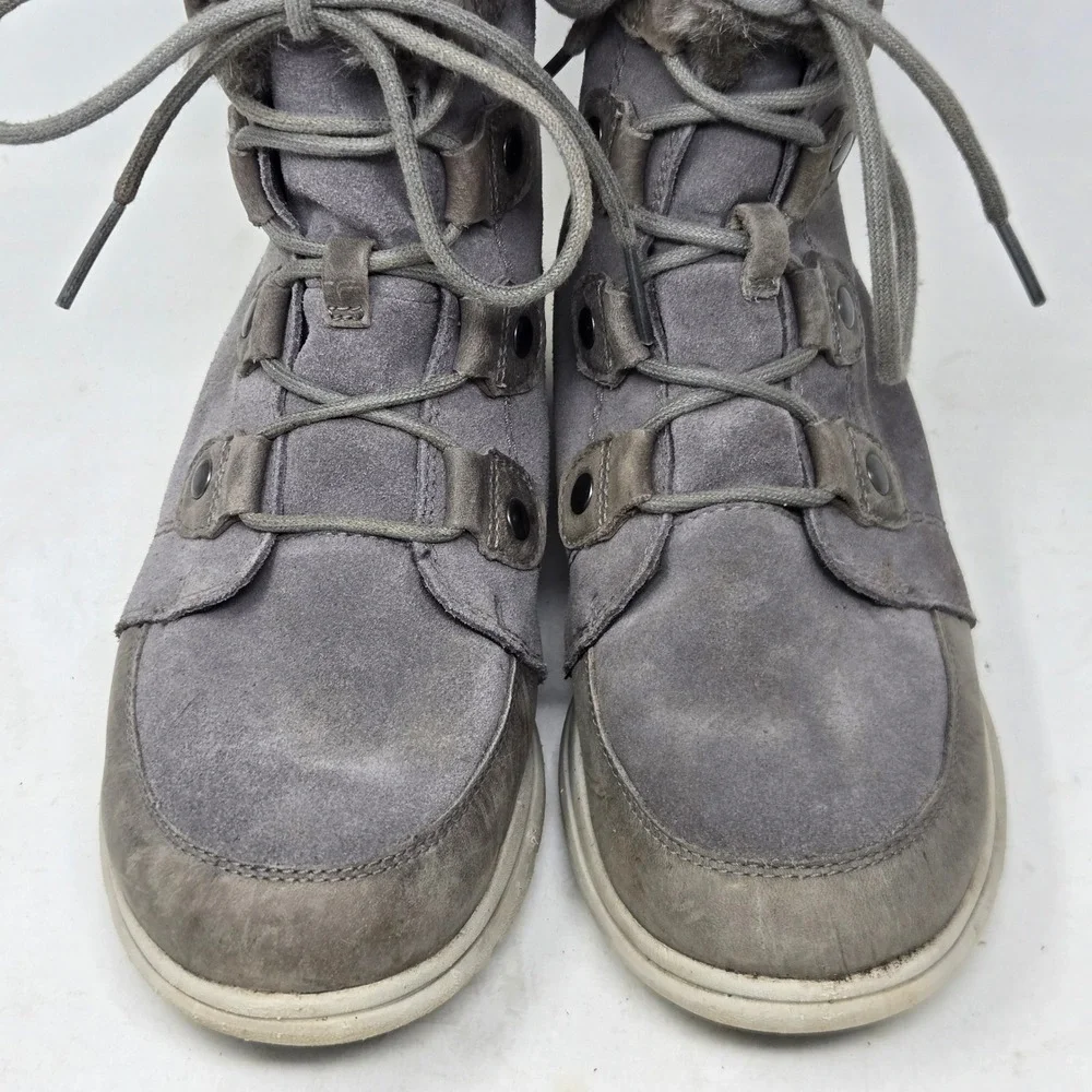 Sorel Explorer Joan Waterproof Winter Boots‎ Grey Suede Faux Fur NL3039-052 Sz 9